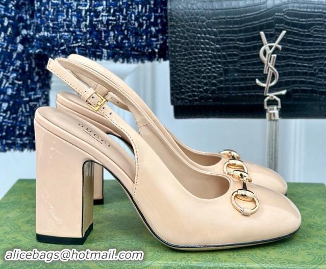 Most Popular Gucci Patent Leather Horsebit Slingback Pumps 9.5cm Beige 906052