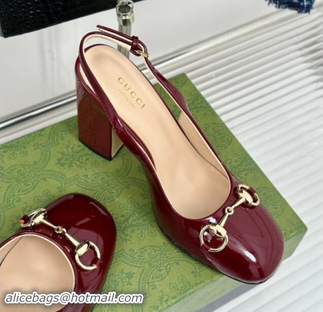 Luxury Discount Gucci Patent Leather Horsebit Slingback Pumps 9.5cm Burgundy 906053