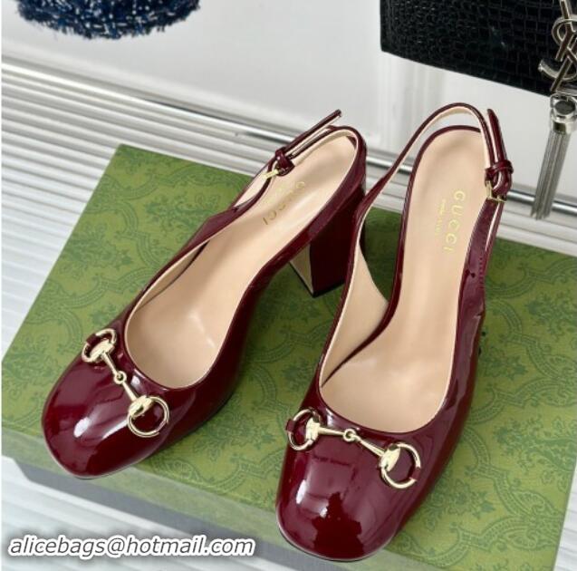 Luxury Discount Gucci Patent Leather Horsebit Slingback Pumps 9.5cm Burgundy 906053