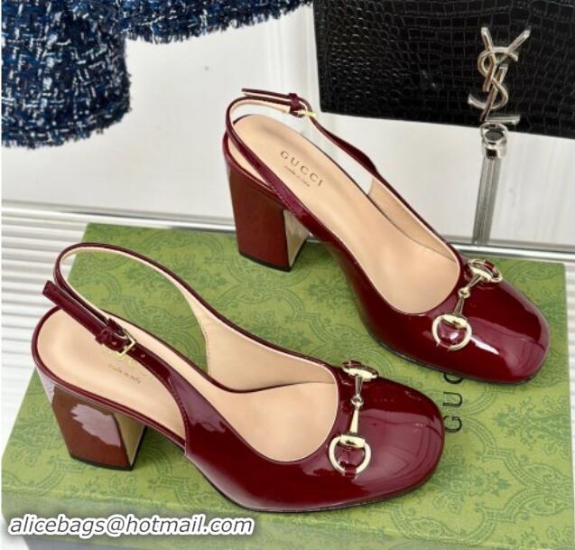 Luxury Discount Gucci Patent Leather Horsebit Slingback Pumps 9.5cm Burgundy 906053