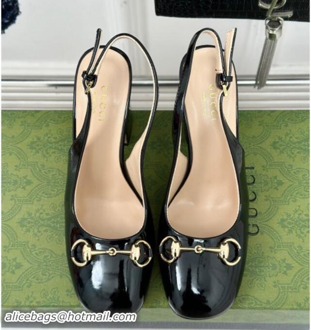 Luxury Gucci Patent Leather Horsebit Slingback Pumps 9.5cm Black 906054