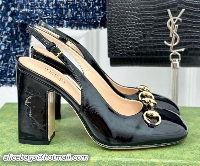 Luxury Gucci Patent Leather Horsebit Slingback Pumps 9.5cm Black 906054