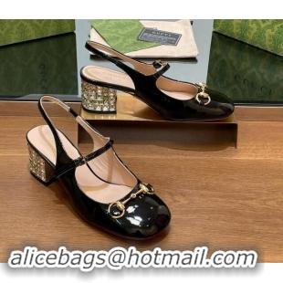 Duplicate Gucci Patent Leather Horsebit Slingback Pumps 5.5cm with Strass Heel Black 906055