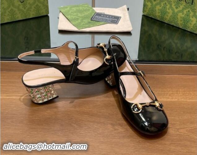 Duplicate Gucci Patent Leather Horsebit Slingback Pumps 5.5cm with Strass Heel Black 906055