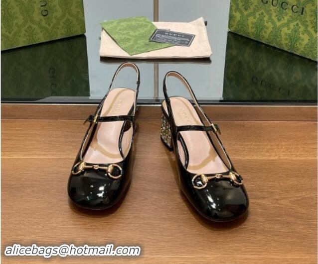 Duplicate Gucci Patent Leather Horsebit Slingback Pumps 5.5cm with Strass Heel Black 906055