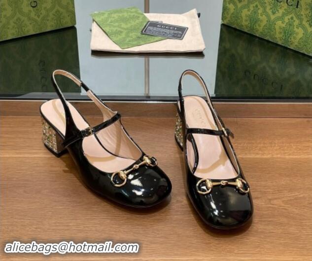 Duplicate Gucci Patent Leather Horsebit Slingback Pumps 5.5cm with Strass Heel Black 906055