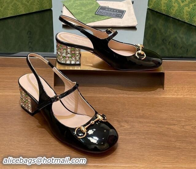 Duplicate Gucci Patent Leather Horsebit Slingback Pumps 5.5cm with Strass Heel Black 906055