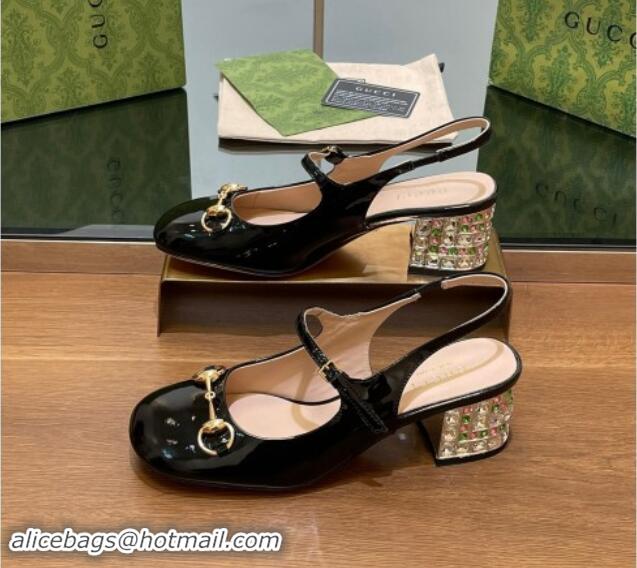 Duplicate Gucci Patent Leather Horsebit Slingback Pumps 5.5cm with Strass Heel Black 906055