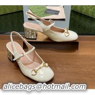 Low Price Gucci Patent Leather Horsebit Slingback Pumps 5.5cm with Strass Heel White 906056