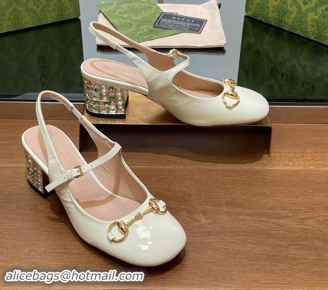 Low Price Gucci Patent Leather Horsebit Slingback Pumps 5.5cm with Strass Heel White 906056