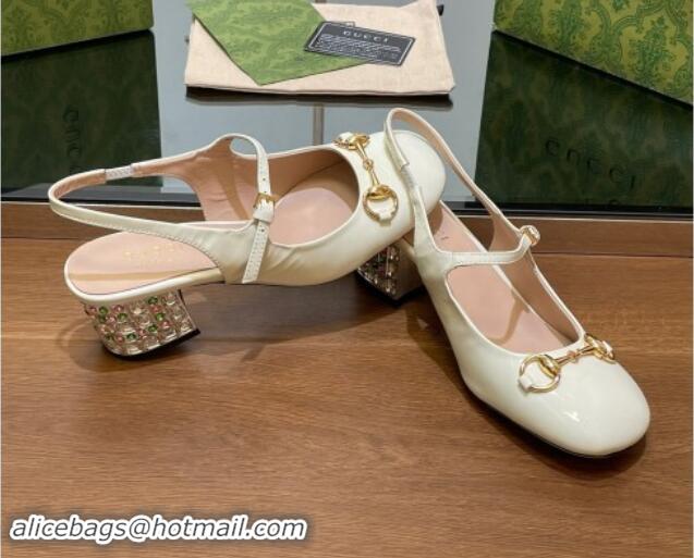 Low Price Gucci Patent Leather Horsebit Slingback Pumps 5.5cm with Strass Heel White 906056