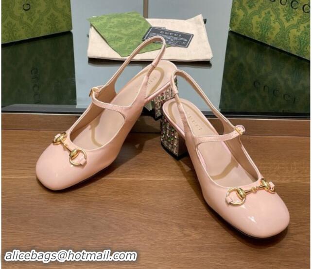 Lower Price Gucci Patent Leather Horsebit Slingback Pumps 5.5cm with Strass Heel Light Pink 906057