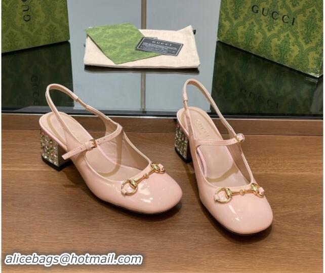 Lower Price Gucci Patent Leather Horsebit Slingback Pumps 5.5cm with Strass Heel Light Pink 906057