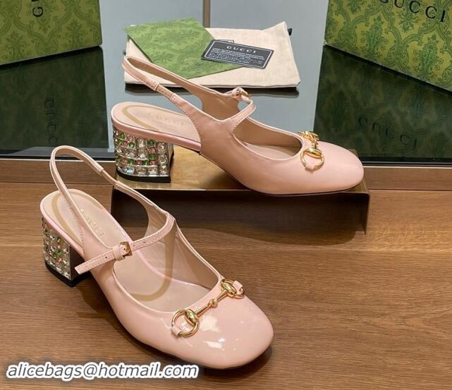 Lower Price Gucci Patent Leather Horsebit Slingback Pumps 5.5cm with Strass Heel Light Pink 906057