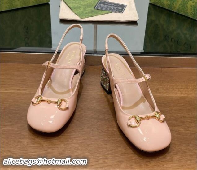 Lower Price Gucci Patent Leather Horsebit Slingback Pumps 5.5cm with Strass Heel Light Pink 906057