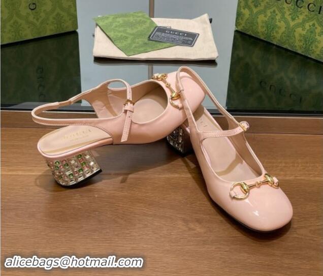 Lower Price Gucci Patent Leather Horsebit Slingback Pumps 5.5cm with Strass Heel Light Pink 906057