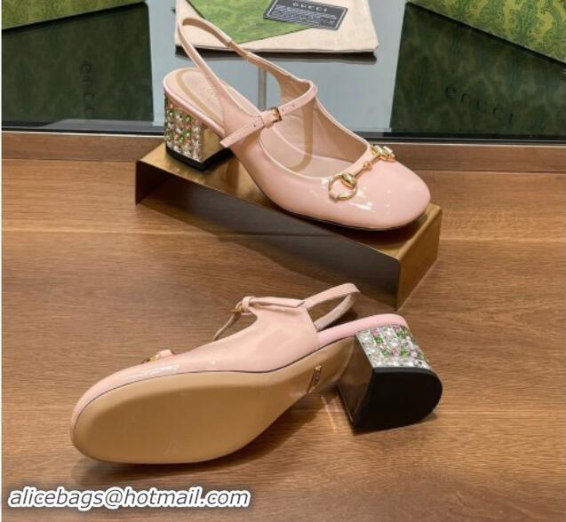 Lower Price Gucci Patent Leather Horsebit Slingback Pumps 5.5cm with Strass Heel Light Pink 906057