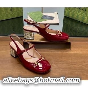 Buy Luxury Gucci Patent Leather Horsebit Slingback Pumps 5.5cm with Strass Heel Burgundy 906058