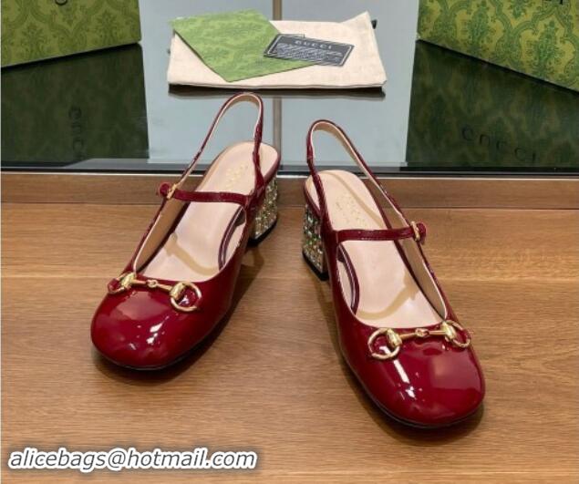 Buy Luxury Gucci Patent Leather Horsebit Slingback Pumps 5.5cm with Strass Heel Burgundy 906058