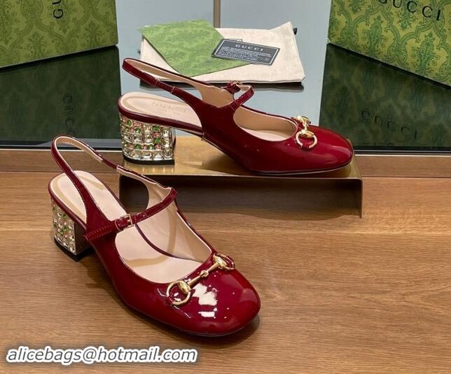 Buy Luxury Gucci Patent Leather Horsebit Slingback Pumps 5.5cm with Strass Heel Burgundy 906058