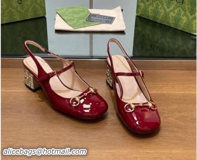 Buy Luxury Gucci Patent Leather Horsebit Slingback Pumps 5.5cm with Strass Heel Burgundy 906058