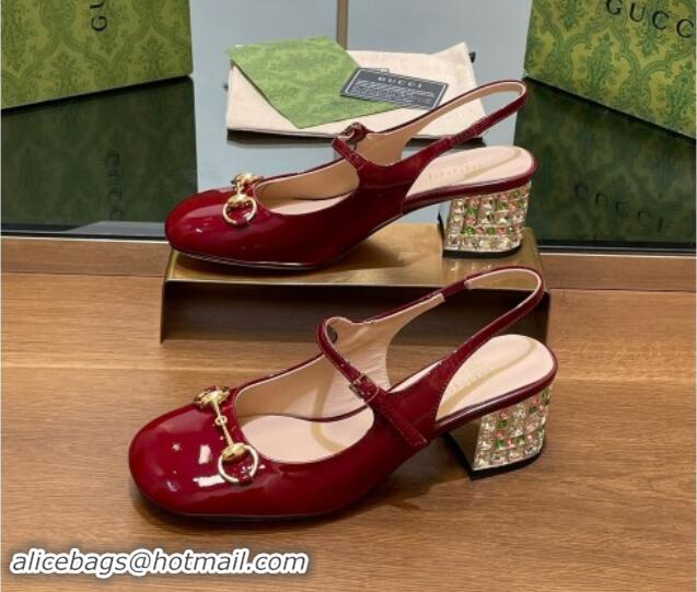 Buy Luxury Gucci Patent Leather Horsebit Slingback Pumps 5.5cm with Strass Heel Burgundy 906058