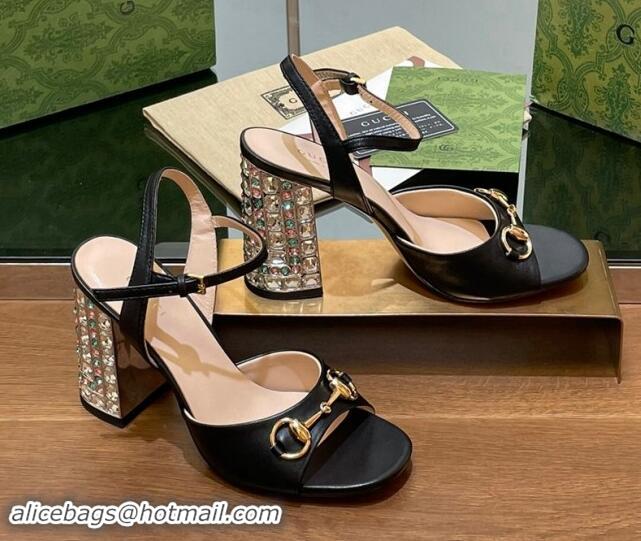 Unique Discount Gucci Shiny Leather Horsebit Sandals 9.5cm with Strass Heel Black 906059