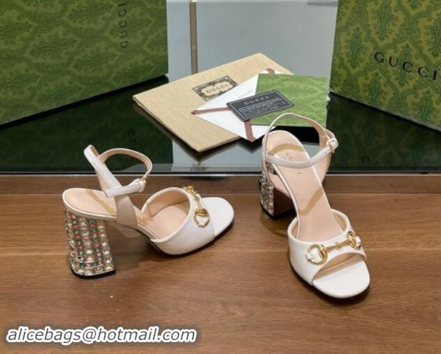 Purchase Gucci Shiny Leather Horsebit Sandals 9.5cm with Strass Heel White 906060