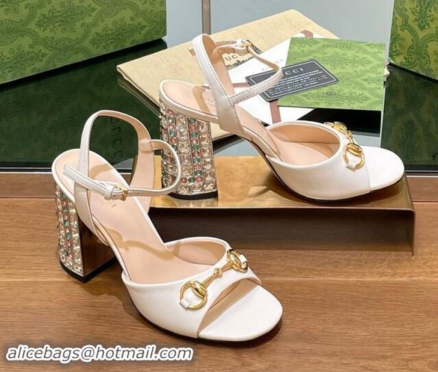 Purchase Gucci Shiny Leather Horsebit Sandals 9.5cm with Strass Heel White 906060