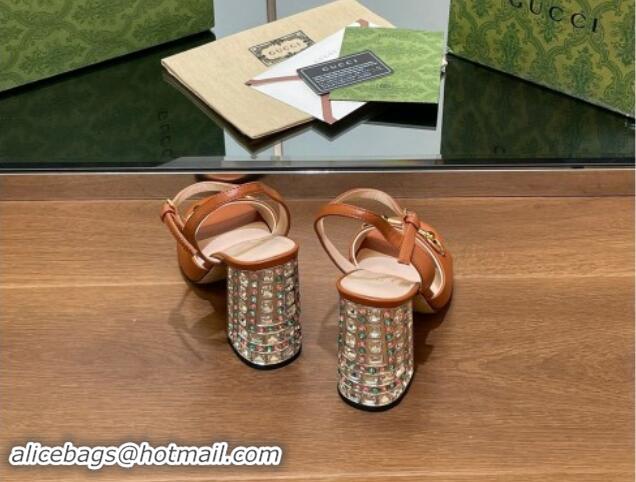 Lowest Cost Gucci Shiny Leather Horsebit Sandals 9.5cm with Strass Heel Brown 906061