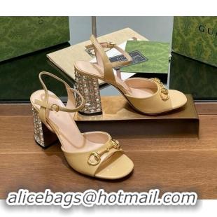 AAAAA Gucci Shiny Leather Horsebit Sandals 9.5cm with Strass Heel Beige 906062