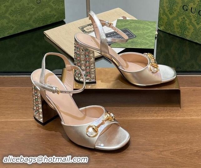 Stylish Gucci Shiny Leather Horsebit Sandals 9.5cm with Strass Heel Silver 906063