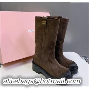 Promotional iu Miu Suede Platform Medium Boots 5cm with Logo Tag 5U270E Dark Brown 2024