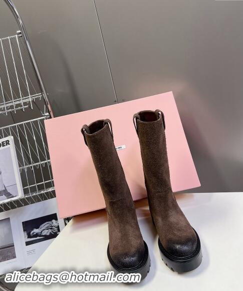 Promotional iu Miu Suede Platform Medium Boots 5cm with Logo Tag 5U270E Dark Brown 2024