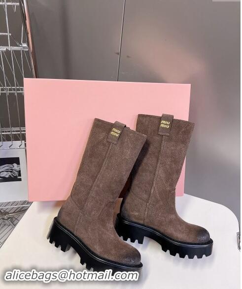 Promotional iu Miu Suede Platform Medium Boots 5cm with Logo Tag 5U270E Dark Brown 2024