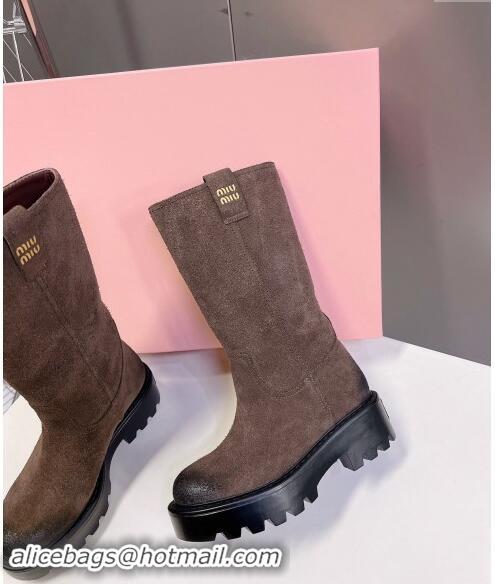 Promotional iu Miu Suede Platform Medium Boots 5cm with Logo Tag 5U270E Dark Brown 2024