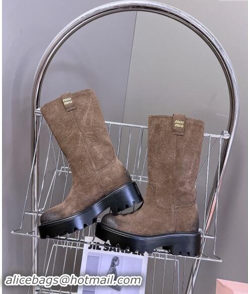 Promotional iu Miu Suede Platform Medium Boots 5cm with Logo Tag 5U270E Dark Brown 2024