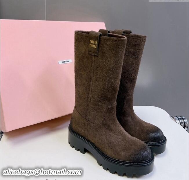 Promotional iu Miu Suede Platform Medium Boots 5cm with Logo Tag 5U270E Dark Brown 2024