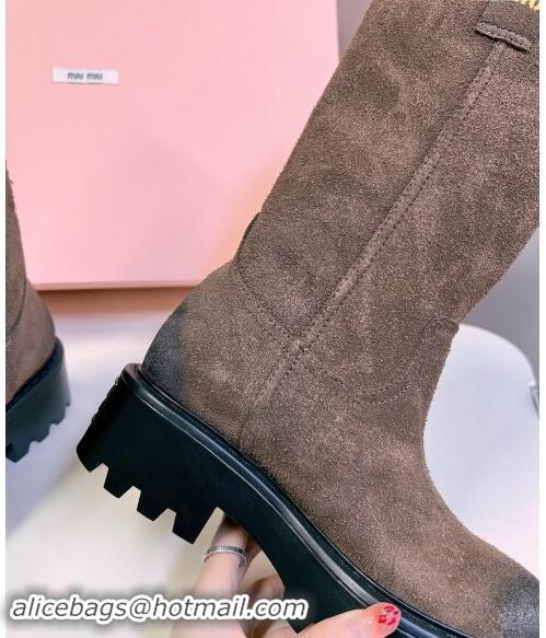 Promotional iu Miu Suede Platform Medium Boots 5cm with Logo Tag 5U270E Dark Brown 2024