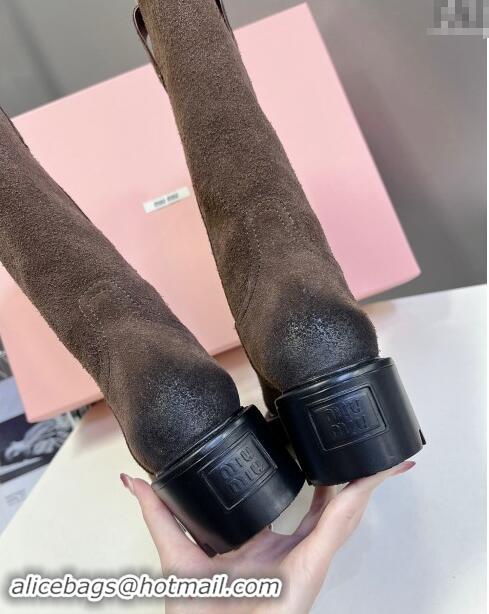 Promotional iu Miu Suede Platform Medium Boots 5cm with Logo Tag 5U270E Dark Brown 2024