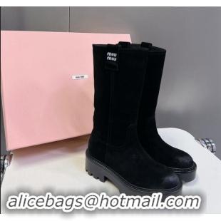 Low Cost Miu Miu Suede Platform Medium Boots 5cm with Logo Tag 5U270E Black 2024