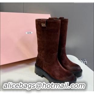 Well Crafted Miu Miu Suede Platform Medium Boots 5cm with Logo Tag 5U270E Deep Brown 2024