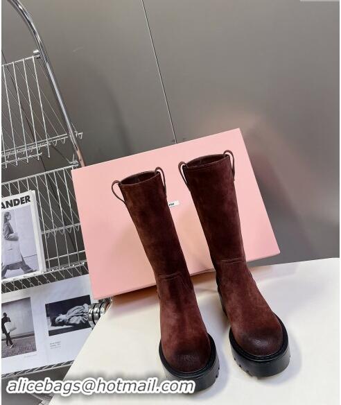 Well Crafted Miu Miu Suede Platform Medium Boots 5cm with Logo Tag 5U270E Deep Brown 2024