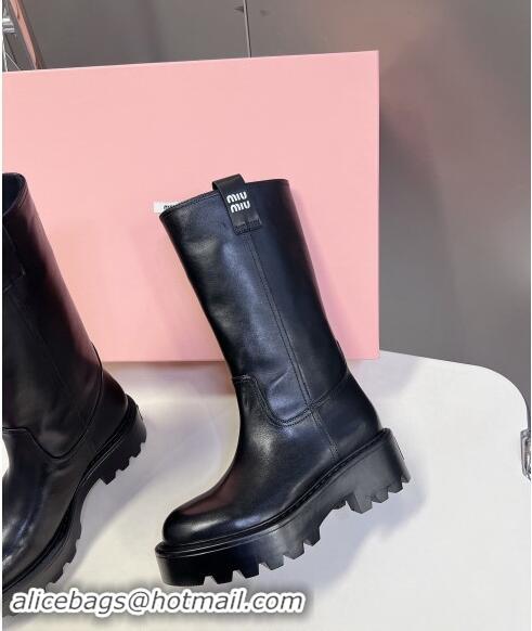 ​Well Crafted Miu Miu Leather Platform Medium Boots 5cm 5U270E Black 2024