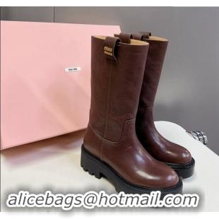 Promotional Miu Miu Leather Platform Medium Boots 5cm 5U270E Brown 2024