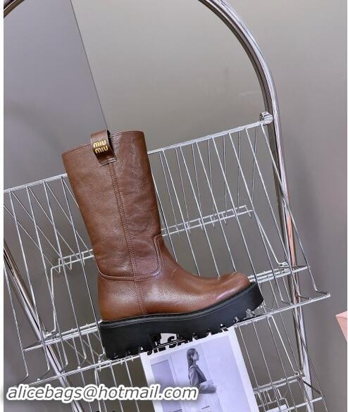 Promotional Miu Miu Leather Platform Medium Boots 5cm 5U270E Brown 2024