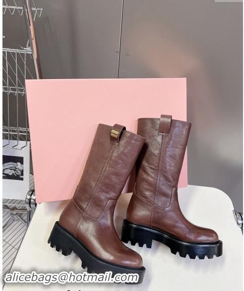 Promotional Miu Miu Leather Platform Medium Boots 5cm 5U270E Brown 2024