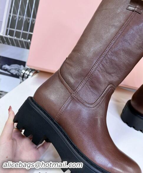 Promotional Miu Miu Leather Platform Medium Boots 5cm 5U270E Brown 2024