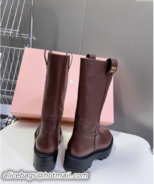 Promotional Miu Miu Leather Platform Medium Boots 5cm 5U270E Brown 2024