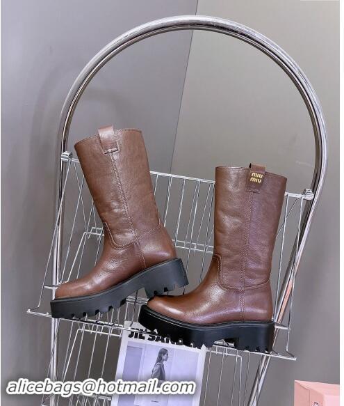 Promotional Miu Miu Leather Platform Medium Boots 5cm 5U270E Brown 2024